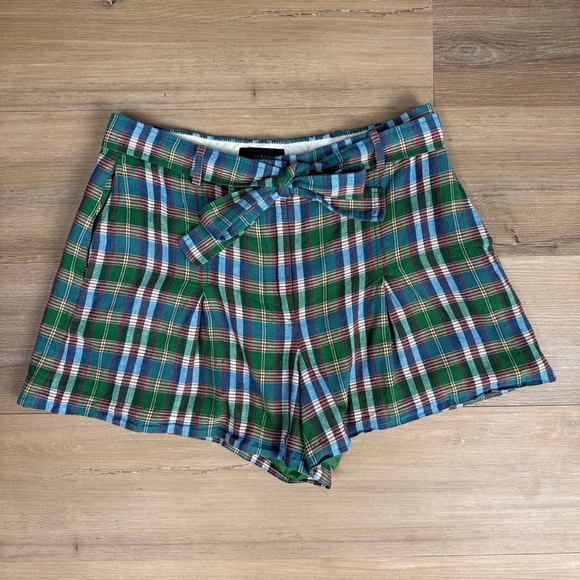 J. Crew Pants - J. Crew High Waist Green and Blue Plaid Shorts, Cotton-Linen Blend, Size 12